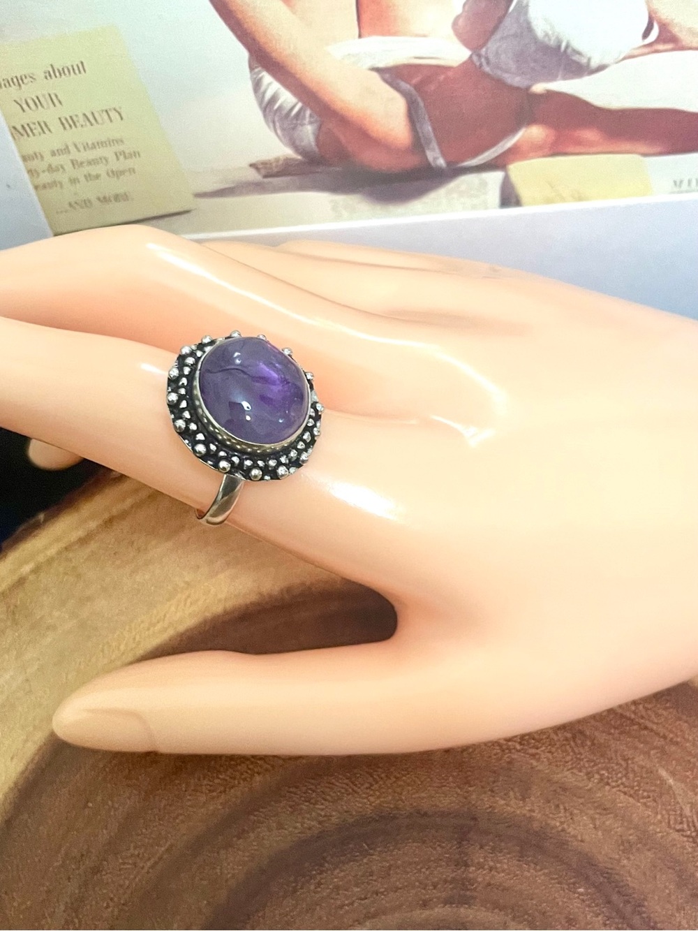 Vintage Inspired Amethyst Cabachon Statement Ring in 925 Sterling Silver